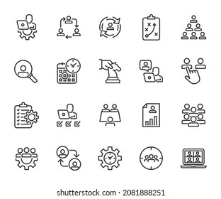 Vector Set Of Management Line Icons. Contains Icons Project Management, Coordination, Online Meeting, Personnel, Team, Skills, Time Management, Remote Management And More. Pixel Perfect.