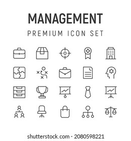 Vector set of management thin line icons. Design of 20 stroke pictograms. Signs of management isolated on a white background.