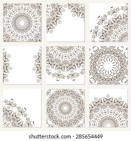Vector set with mandala. Background abstract circle ornament. Decorative retro element. Invitation card on wedding, birthday.