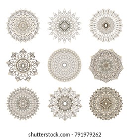 Vector set of mandala design. Vintage decorative elements. Oriental pattern. Coloring book page.