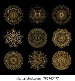 Vector set of mandala design. Vintage decorative elements. Oriental pattern. Coloring book page.