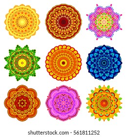 vector set mandala in different colors isolated on white background