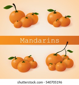 Vector set of mandarins. Four groups of fresh mandarins.