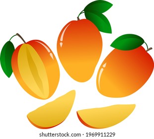 Vector set: mango. Appetizing, fresh, juicy,  vitamin, sunny yellow and orange colors whole fruits with green leaves and slices. Elements for design card, poster about summer, healthy and tasty food.