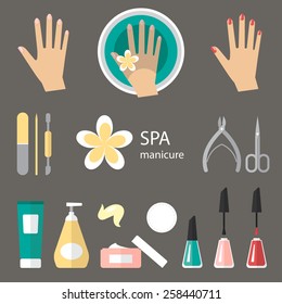 Vector set of manicure tools, cosmetics, nail polish, hands and spa manicure logo. Eps 10.