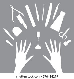 Vector set of manicure tools, cosmetics, nail polish, hands. Eps 8