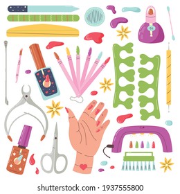 Vector set of manicure tools. Home nail care. Items for groomed hand nails. Vector flat cartoon illustration