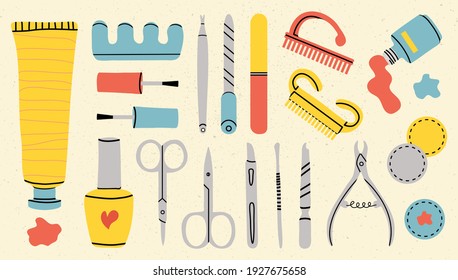 Vector set of manicure tools. Various manicure accessories. Nail scissors, nail file, tweezers, nail polish, hand cream, polish remover, brush etc. Hand-drawn style. All elements are isolated.