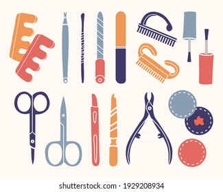 Vector set of manicure tools. Various manicure accessories. Nail scissors, nail file, tweezers, nail polish, hand cream, polish remover, brush etc. Hand-drawn style. Cosmetic set for a pedicure.