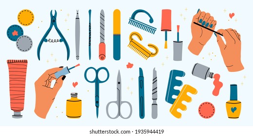 Vector set of manicure tools. Various manicure accessories. Female hands of a master. Nail scissors, nail file, tweezers, nail polish, hand cream, polish remover, brush etc. Hand-drawn style. 