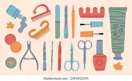 Vector set of manicure tools. Various manicure accessories. Female hands of a master. Nail scissors, nail file, tweezers, nail polish, hand cream, polish remover, brush etc. Hand-drawn style. 