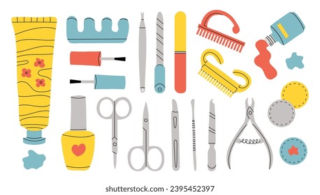 Vector set of manicure tools. Various manicure accessories. Nail scissors, nail file, tweezers, nail polish, hand cream, polish remover, brush etc. Hand-drawn style. All elements are isolated.