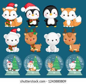 a vector set of many animals inside snow globes