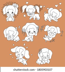 a vector set of many beagles in different emotions with black and white colour

