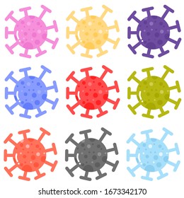 Vector set of many color(pink, yellow, purple, gray, green, red, blue, orange)  covid-19,multi color of corona virus, bacteria,disease,pathogen,germ cells, blood, dust floating isolated on white bg.