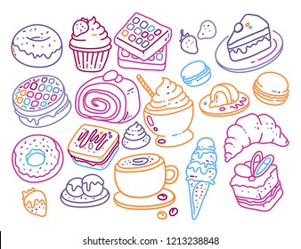 Vector set of many different sweet icon on white background. Color line art style design for web, site, card, print 