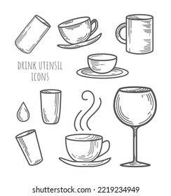 Conjunto vectorial de muchos íconos utensiales de bebida. Colección de tazas planas y gafas. Pequeña taza de с erámica caliente. Contemplar elementos de arte decorativos para el diseño de menús de cafés, banner publicitario. Signos lineales de dibujos animados.