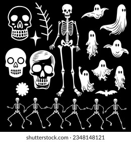 Vector set of many elements for Halloween monochrome silhouettes of skeleton skulls cast symbols of branching