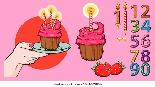 Vector set with many numbers, candles and muffin, cake on plate, vector illustration isolated on pink background
