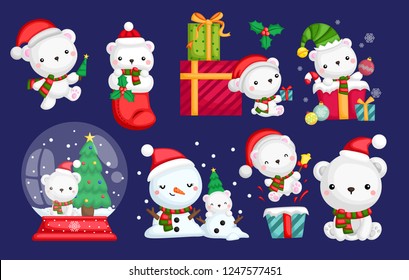 a vector set of many polar bear in Santa costume