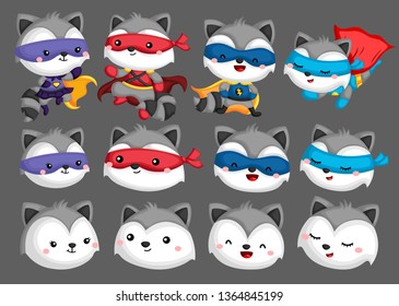 a vector set of many raccoon in superhero costume