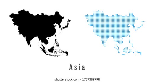 Vector set map of Asia black and blue dots.