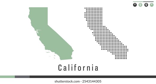 Vector set map of California green and gray dots.