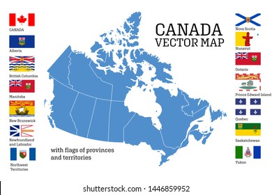 Vector set. Map of Canada with provinces and territories borders and vector flags.