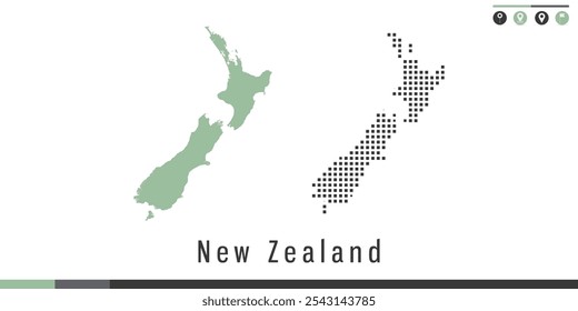 Vector set map of New Zealand green and gray dots.