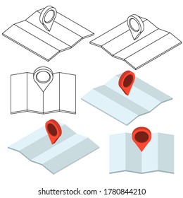 Vector set of map with pin in 3D style. Travel, navigation, GPS, location sign.