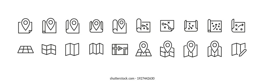 Vector set of map thin line icons. Design of 20 stroke pictograms. Map signs isolated on a white background.
