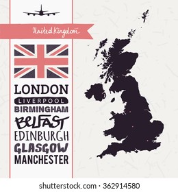 Vector set with map United Kingdom, text, flag, plane. United Kingdom map. London, Liverpool, Birmingham, Belfast, Edinburgh, Glasgow, Manchester map and typographic. Set of flag and map Great Britain