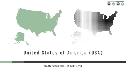 Vector set map of United States of America (USA) green and gray dots.