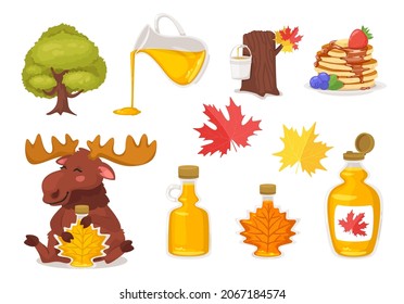 Vector set with maple syrup, tree,  and pancakes. Cute cartoon elk character holding maple leaf shape glass jar. Isolated on white background.