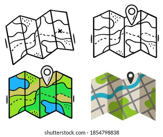 Vector Set of  maps. Hand drawn map for traveling in doodle style. City map with geotag in flat style. Folded paper map with a route and map pointer, GPS location symbol. Isolated on a white. 