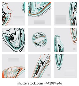Vector set of marble cards. Suminagashi print for book cover. Pastel vector background. Brochure templates with marble decoration.