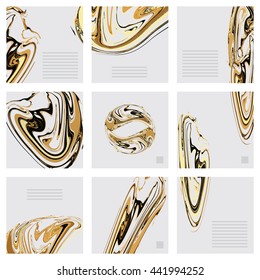 Vector set of marble cards. Suminagashi print for book cover. Pastel vector background. Brochure templates with marble decoration.