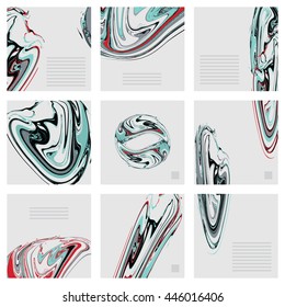 Vector set of marble cards. Suminagashi print for book cover. Pastel vector background. Brochure templates with marble decoration.