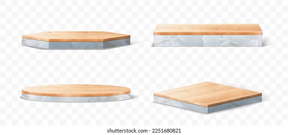 Vector set of marble with wood table top podium pedestals, Abstract geometric empty stages wooden and stone exhibit displays award ceremony product presentation