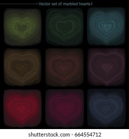 Vector set of marbled patterns. Stylish gemstone slices in a form of heart. Umber, mahogany, wooden and other dark natural colors. Useful for design of fashion and interior details or jewelry themes.