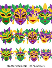 Vector set of Mardi Gras horizontal borders. Seamless festive frieze collection with masks, ribbon isolated from background. Flat hand drawn holiday frames. Fat Tuesday 