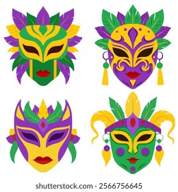 Vector set of mardi gras masks in flat style isolated from background. Collection of colorful festive carnival masks for stickers and banners.