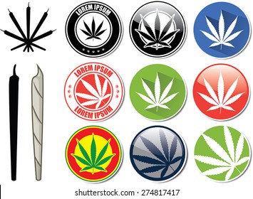 Vector set of marijuana and cannabis buttons, icons, logos
