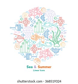Vector set of marine animals, aquatic animals: fish, algae, wildlife, marine life. Fish, jellyfish, seaweed and attributes. Template Logo Design for Marine restaurants and cafes.