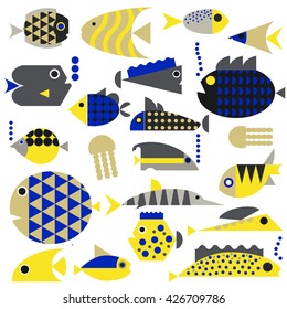 Vector set of marine animals , aquatic animals : whale , fish , algae , fauna, underwater life. Fish, starfish, jellyfish, algae and attributes. Vector flat illustration .