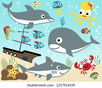 Vector set of marine animals cartoon with sinking ship under sea