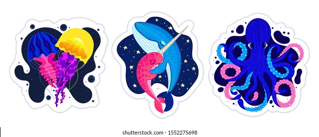 Vector set of marine animals. Jellyfish, narwhal and blue whale, octopus. Cute cartoon characters. Sea creatures. Design for water park, aquarium. Print on clothes, covers, posters. Sticker, label