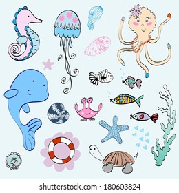 Vector set of marine animals and shells.