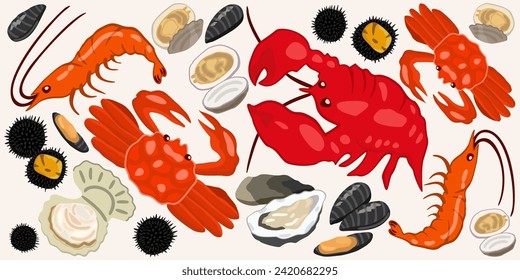 Vector set of marine animals. Shrimps, crabs, lobster, clam, oyster, sea urchin, scallop, mussel.