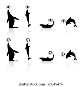 Vector set of marine animals silhouettes with football and Earth symbols